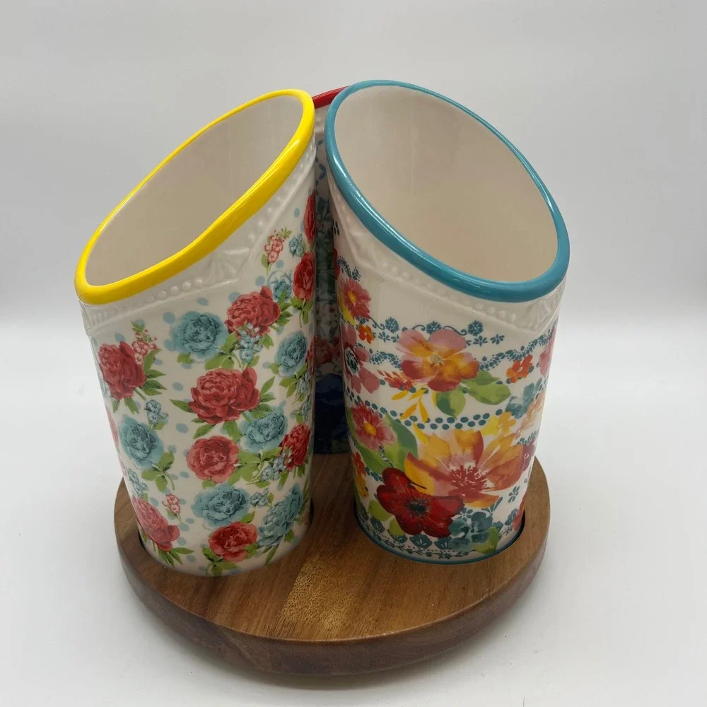 Pioneer Woman Floral Medley 3 Compartment Stoneware Utensil Holder Lazy Susan